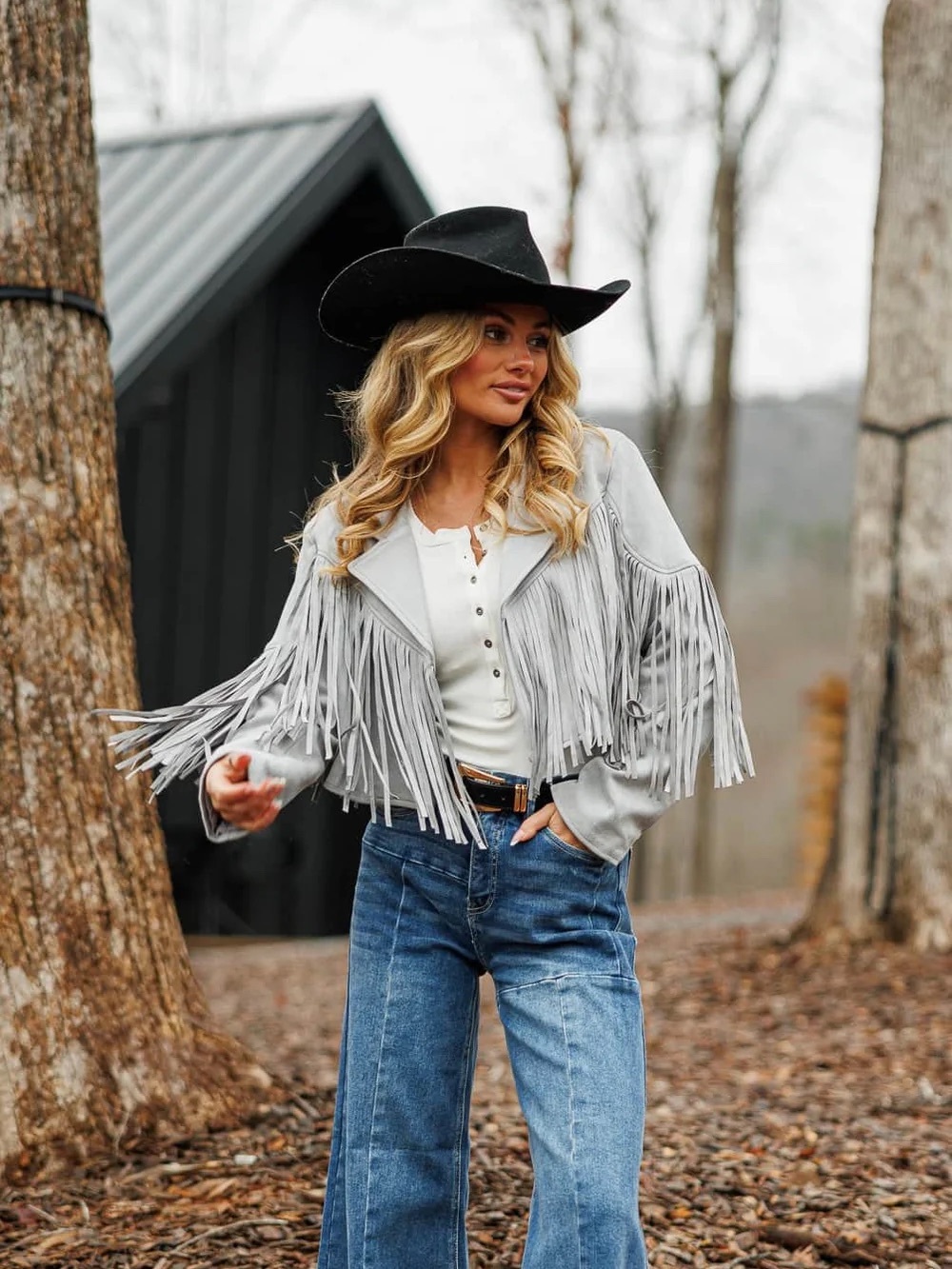 Fringe Suede Crop Jacket - Light Gray - Picture 3 of 4